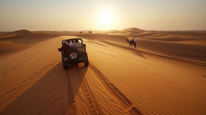 Thrilling dune bashing ride in a 4x4 vehicle across the golden desert landscape of Abu Dhabi during a morning desert safari.