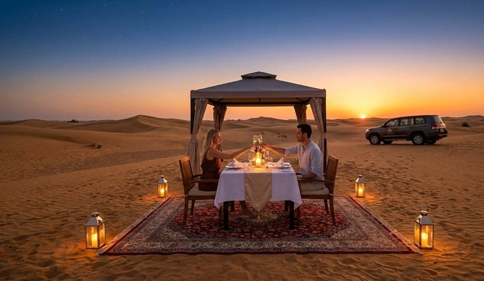 A couple toasts with wine glasses at a private, candlelit dining setup under a gazebo on a carpet in the middle of the desert dunes at sunset, celebrating an Anniversary Dinner In Abu Dhabi Desert. A 4x4 vehicle is parked in the background under a twilight sky with stars.