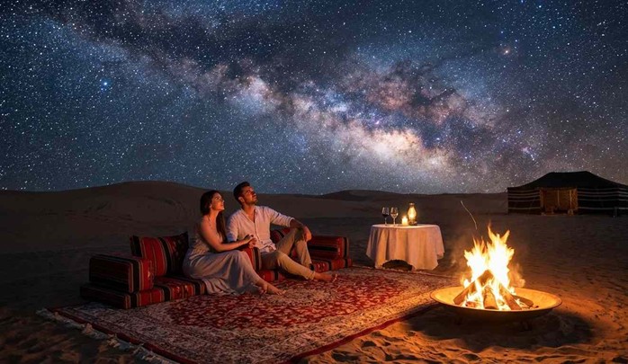 A couple sits on a traditional rug and cushions next to a warm campfire, holding hands and gazing up at a stunning Milky Way galaxy during their romantic Anniversary Dinner In Abu Dhabi Desert. A small, candlelit table with wine glasses is set beside them, and a Bedouin tent is visible in the background under the star-filled sky.