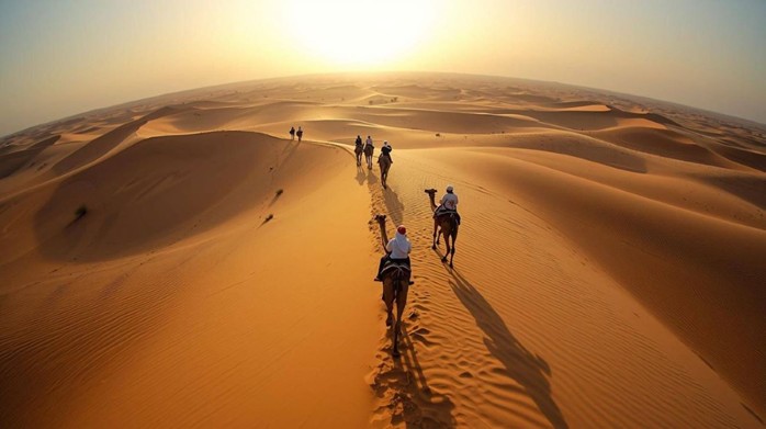 Camel riders on a morning desert safari in Abu Dhabi, with the golden dunes illuminated by soft early sunlight.