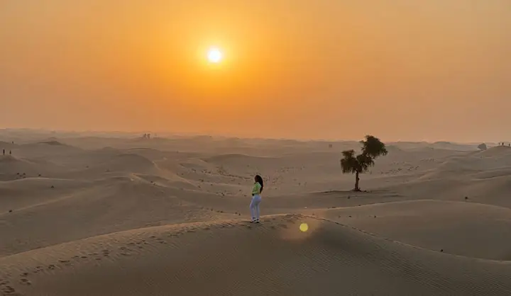 Woman standing on a high desert sand dune facing the glowing morning sun near a solitary ghaf tree in Abu Dhabi.