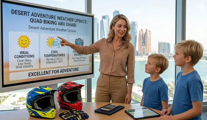 A woman points to a digital weather update screen showing ideal conditions for quad biking to two young boys, with the Abu Dhabi city skyline in the background.