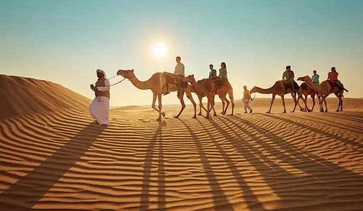 Camel caravan led by Bedouin guides walking across rippled sand dunes in the golden morning light of Abu Dhabi.
