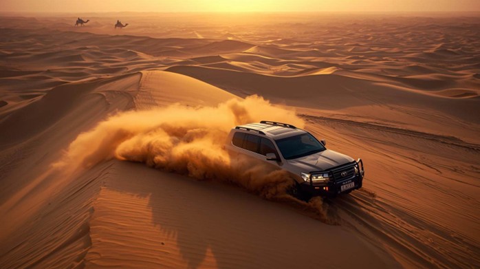 4x4 Land Cruiser dune bashing across golden Abu Dhabi desert dunes during sunset with camels in the background.