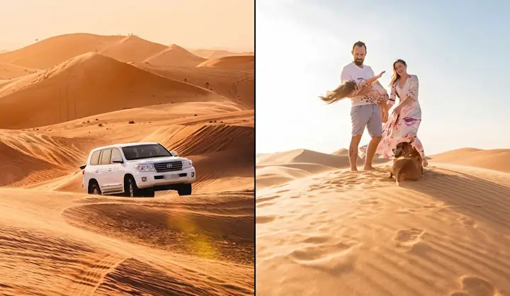 Split image showing a 4x4 Land Cruiser dune bashing on the left and a happy family playing with their dog on the sand dunes on the right in the Abu Dhabi desert.