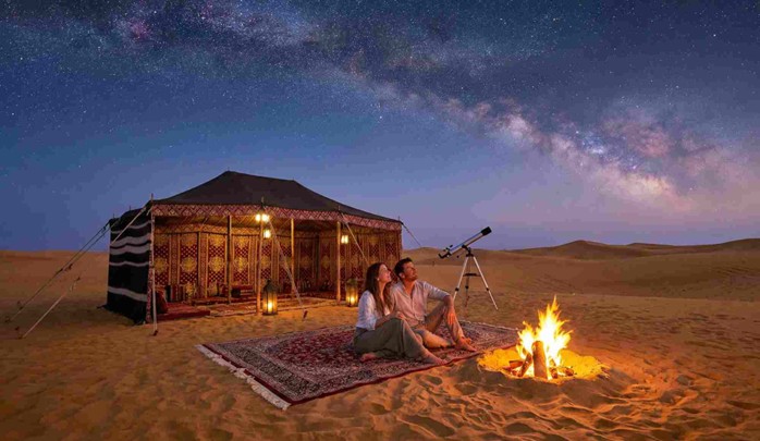 A couple sitting by a cozy campfire outside a traditional tent, gazing up at the breathtaking Milky Way during their Overnight Desert Camping Abu Dhabi Experience.