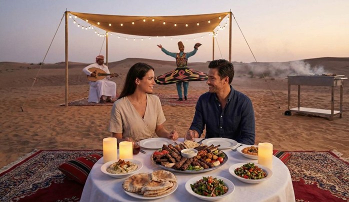 A couple enjoying a traditional BBQ dinner spread and live entertainment, including a Tanoura dancer and musician, under a canopy during an Overnight Desert Camping Abu Dhabi Experience.