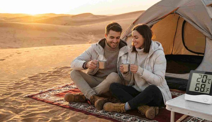 A couple smiles while drinking coffee in front of their tent at sunrise, with a thermometer showing a comfortable 20°C temperature during their Overnight Desert Camping Abu Dhabi Experience.