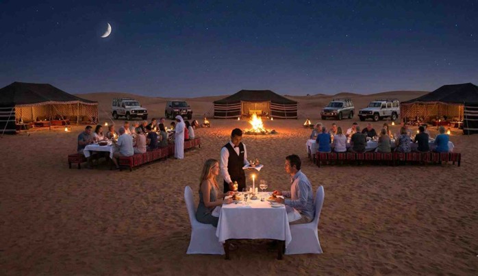 A couple enjoys a private candlelit dinner in the foreground while a lively group dines together near a campfire in the background, visually comparing the atmosphere of a Private vs Shared Overnight Desert Safari Abu Dhabi.