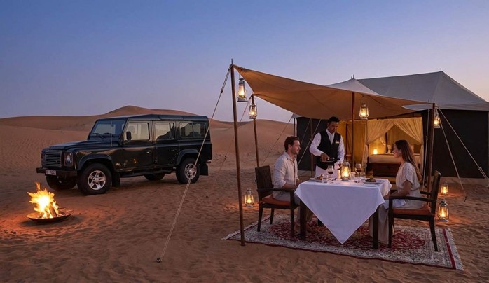 A couple enjoys an exclusive, candlelit dinner served by a private waiter at a luxury desert camp with a personal tent and vehicle, illustrating the premium experience of a Private vs Shared Overnight Desert Safari Abu Dhabi.