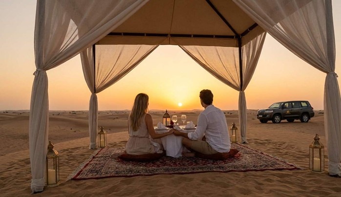 A couple enjoying a private, romantic dune dinner at sunset under a canopy, which is a key difference when considering a Private vs Shared Overnight Desert Safari Abu Dhabi.