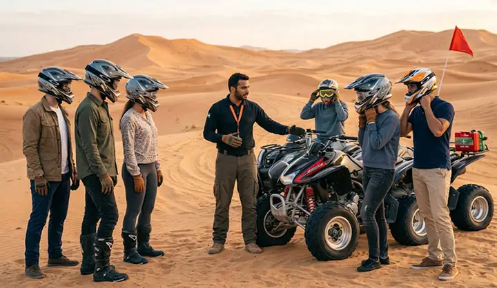 Group of helmeted riders receiving safety briefing beside ATVs in Abu Dhabi desert dunes.