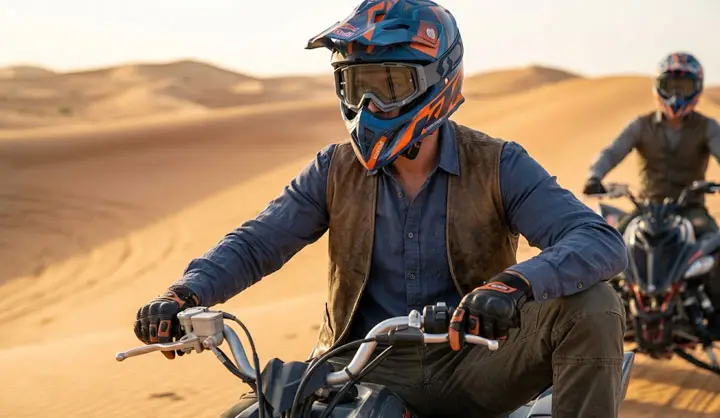 Rider on ATV wearing helmet and goggles in Abu Dhabi desert dunes.