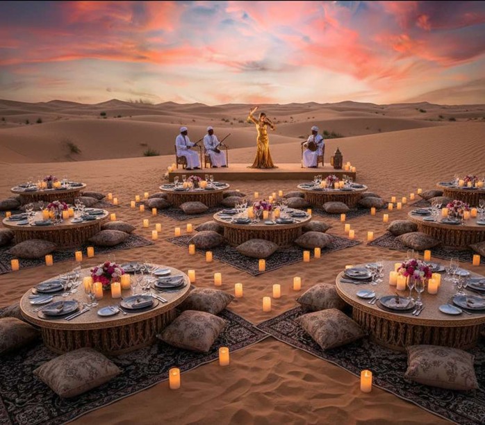 A luxury outdoor setup for a Romantic Sunset Dinner In Abu Dhabi Desert featuring low-seated circular tables on ornate carpets, surrounded by glowing candles and traditional performers under a vibrant pink and orange sunset sky.