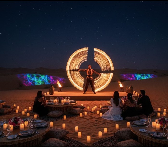 A thrilling fire performance entertains guests during a Romantic Sunset Dinner In Abu Dhabi Desert, featuring a performer spinning rings of fire in front of a seated audience and colorful light projections on the dunes.