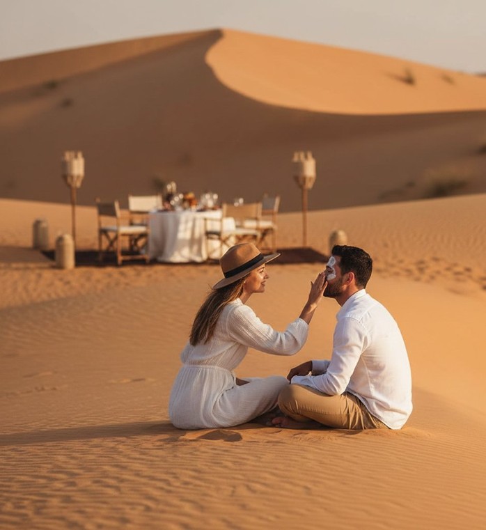 A couple sitting on a sand dune, with the woman applying sunscreen to the man's face to prepare for the early hours of their Romantic Sunset Dinner In Abu Dhabi Desert, with a private dining table set up in the background.
