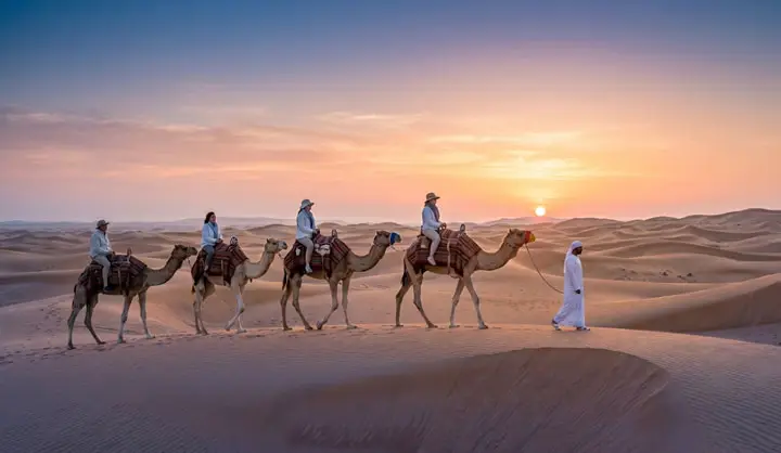 Camel caravan with riders and guide at sunrise in Abu Dhabi desert.