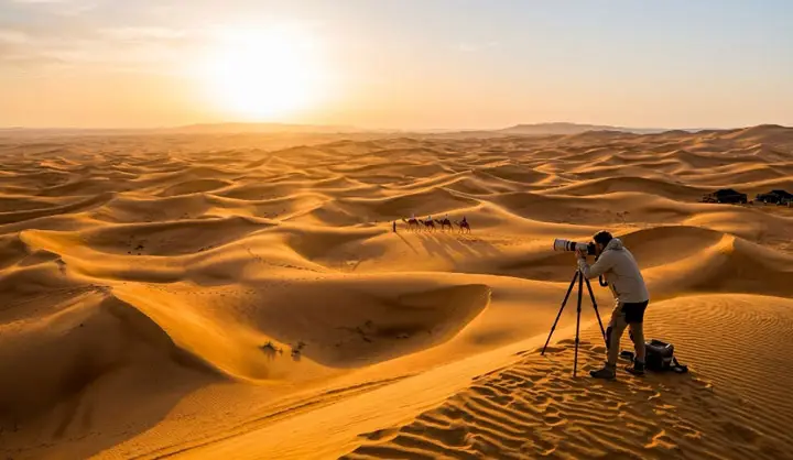 Photographer photographing camel caravan across dunes at sunrise, Abu Dhabi.