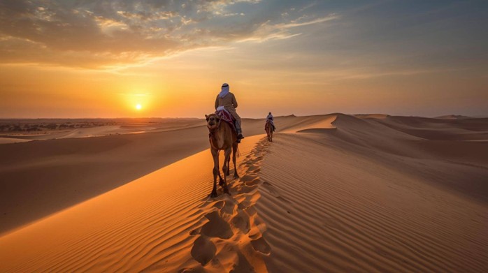 A peaceful camel ride at sunset in Abu Dhabi’s desert, with the golden dunes and serene landscape in the background.