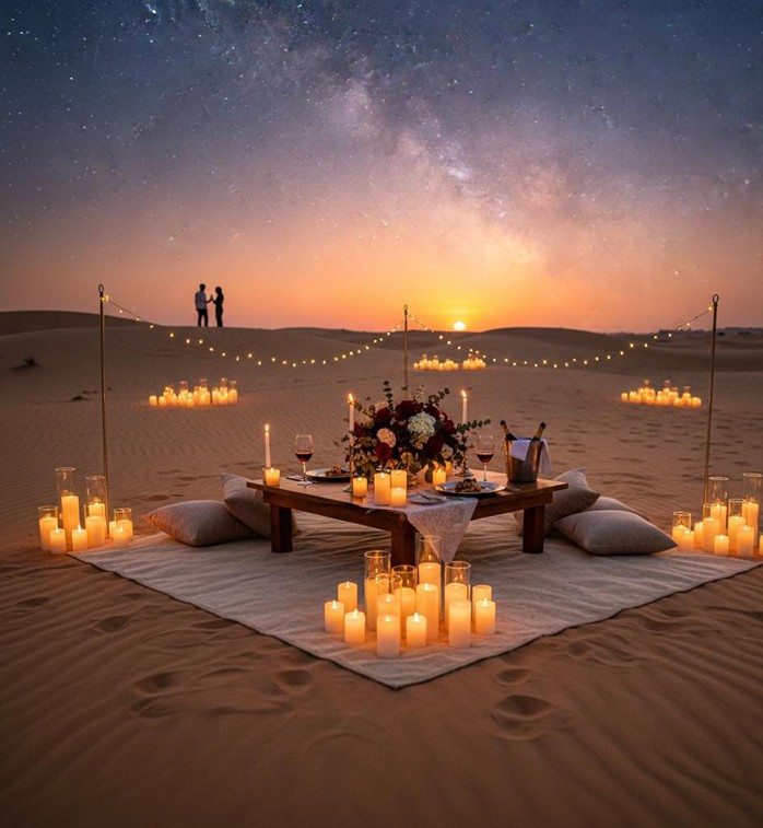 A romantic Valentine's Day Desert Dinner Abu Dhabi setup featuring a low wooden table with red roses and candles on a white rug, with a silhouette of a couple in the distance under a breathtaking Milky Way sky.