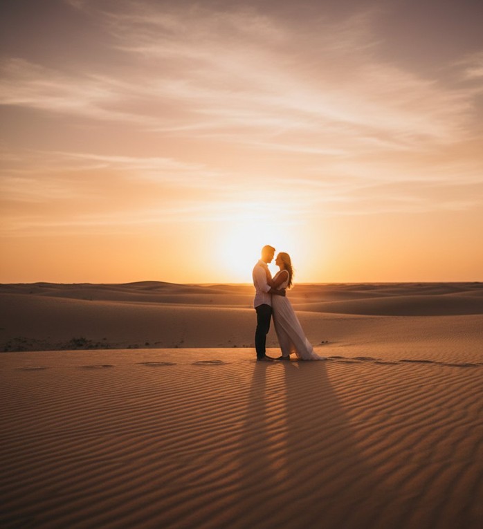 A silhouette of a couple embracing on a vast sand dune during a golden sunset, capturing the soft lighting and intimate atmosphere of a Valentine's Day Desert Dinner Abu Dhabi.