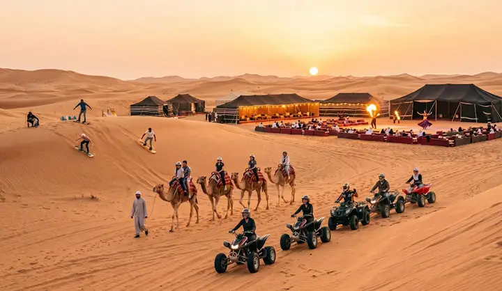 Panoramic view of an Abu Dhabi desert safari experience at sunset, featuring quad bikes riding through the dunes, a camel caravan, sandboarders on the slopes, and a luxurious desert camp with illuminated tents in the background.