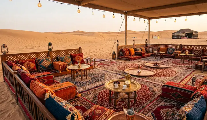 Cozy and luxurious seating area inside a traditional desert camp in Abu Dhabi, featuring colorful cushions, patterned rugs, low wooden tables with Arabic coffee pots, and lanterns overlooking the vast sand dunes at golden hour.