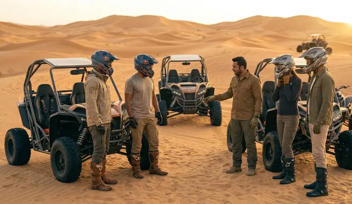 Group of adventurers in helmets and desert gear standing beside dune buggies, listening to a guide in the Abu Dhabi Desert.