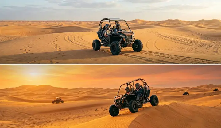 Dune buggies driving over vast sand dunes in Abu Dhabi Desert at golden hour, with dramatic sunset views in the lower panel.