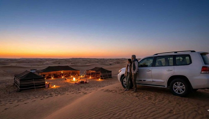 Travelers wearing light jackets stand next to their vehicle at dusk overlooking the camp, demonstrating the cooler evening weather and What To Pack For Overnight Desert Safari Abu Dhabi.