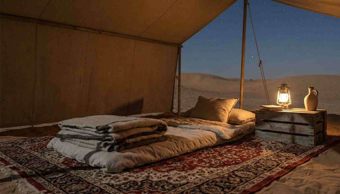 A cozy, rustic sleeping setup inside a desert tent with extra blankets and a lantern, illustrating comfort essentials and What To Pack For Overnight Desert Safari Abu Dhabi.