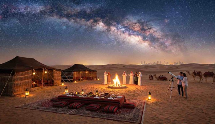 A luxurious traditional dinner spread laid out on rugs under a breathtaking Milky Way sky, illustrating the all-inclusive service that simplifies What To Pack For Overnight Desert Safari Abu Dhabi.