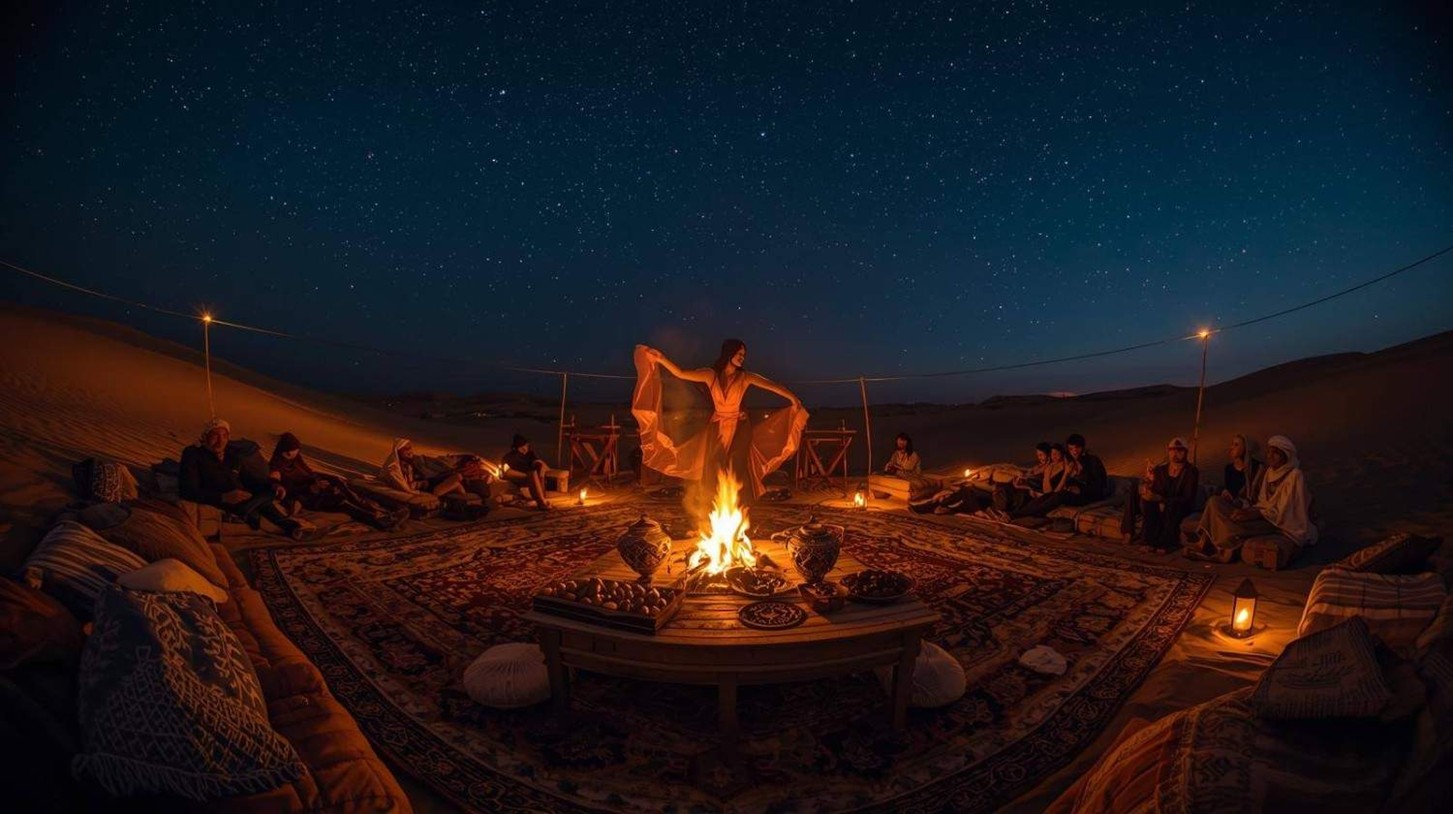 Camel riders on a morning desert safari in Abu Dhabi, with the golden dunes illuminated by soft early sunlight.
