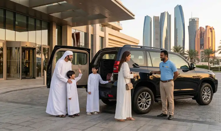 An Emirati family in traditional clothing is welcomed by a valet staff member next to a black SUV in front of a luxury hotel, with city skyscrapers in the background.