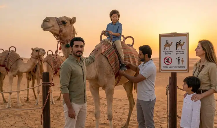 Guides assist a young boy sitting on a camel while his family watches next to an instructional camel-riding safety sign in the desert at sunset.