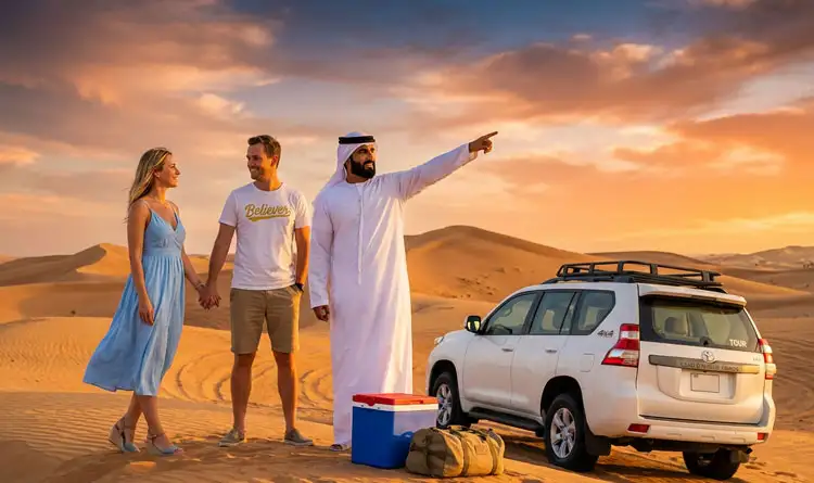 A safari guide explaining safety instructions to a group of travelers in the Abu Dhabi desert before dune bashing begins.