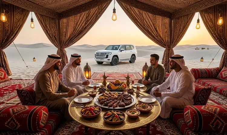 Group of men in traditional attire enjoying a lavish Arabic mezze and grill dinner inside a luxury tent with a white 4x4 SUV and golden dunes visible at sunset in Abu Dhabi Desert.