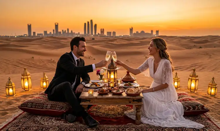 Romantic Dune Dinner Abu Dhabi experience with a couple on a golden desert dune at sunset, capturing a private luxury evening under the open sky.