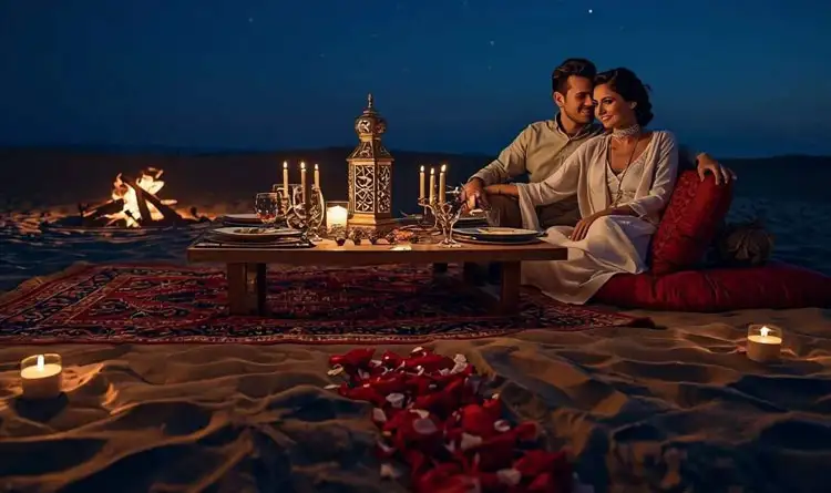 Private romantic dinner setup on a secluded dune in Abu Dhabi with candles, carpets, cushions, and a bonfire under the stars.