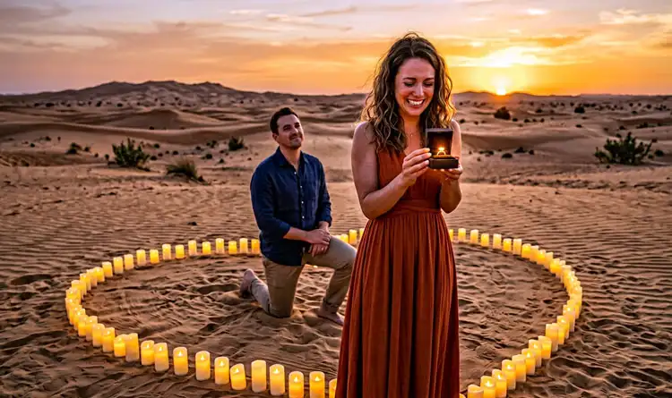 Man kneeling for a romantic marriage proposal in the Abu Dhabi desert at sunset, woman smiling while holding an open ring box inside a heart-shaped circle of candles.