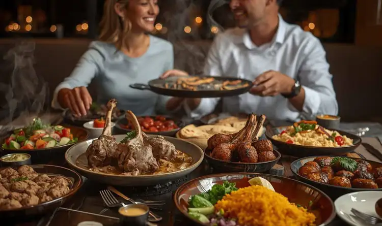 Live BBQ dinner menu in a private desert dining setup with grilled meats, Arabic mezze, saffron rice, and warm pita bread.