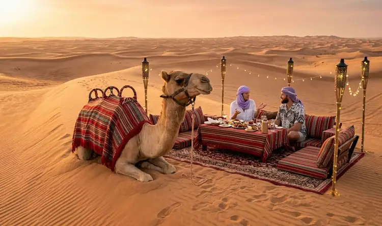 Romantic desert dining setup in Abu Dhabi with a camel resting nearby, a couple enjoying a traditional meal on cushions and rugs surrounded by lanterns and string lights at golden hour.