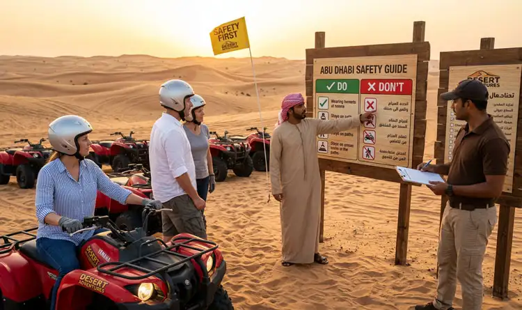 A professional desert instructor pointing out rules on a large wooden safety guide board for tourists preparing for the best quad bike tours Abu Dhabi has to offer.