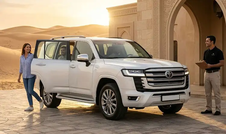 A tour coordinator greeting tourists next to a white SUV branded with quad bike hire abu dhabi for a desert safari pickup.