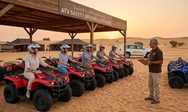 A professional desert instructor explaining safety guidelines and controls to a group of tourists on a training track before starting their ATV quad bike Abu Dhabi adventure.