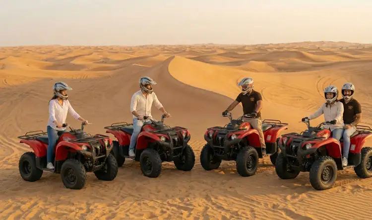 A row of different all-terrain vehicles showcasing various options for safe quad biking Abu Dhabi tours, including beginner-friendly models and a double-seater ATV for couples.