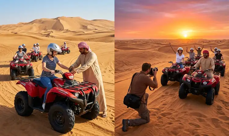 A side-by-side comparison image showing a morning quad bike tour Abu Dhabi session with a guide on the left, and a golden hour sunset quad bike safari Abu Dhabi experience with a photographer on the right.